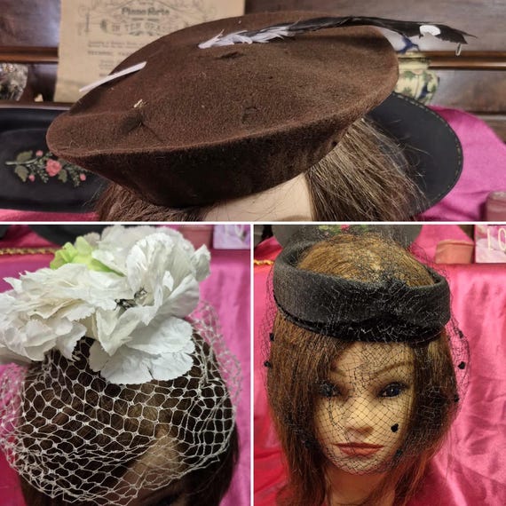 Vintage Millinery Hat Black Mourning Beret Pillbox Fascinator Netting Veiled Black Funeral Hats | Nerida Fraiman main image 2
