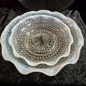 Moonstone Hobnail Opalescent Glass Scalloped Edge Serving Bowl Set 2pcs 10” & 8”  - 1940s Vintage Collectible by Anchor Hocking