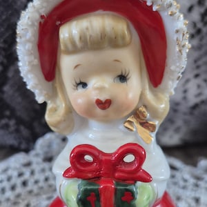 Lefton Christmas Girl Bell Figurine MCM 1950s Vintage Angel Sugared Trim holding gift