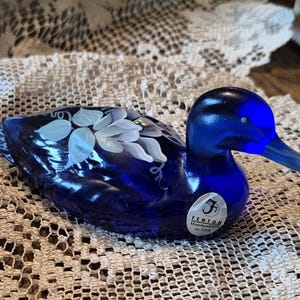 Vintage Rare Fenton Colbalt Blue Duck (Mallard)decorated with flowers, Hand Painted in 1990s Signed by Kibbe