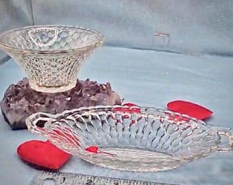 Platos vintage con diseño de panal: juego de plato y cuenco para aperitivos de Indiana Glass, diseño cúbico/cubista, mediados de los 60.