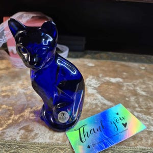 Vintage Fenton Cat Figurine - Cobalt Colonial Blue Glass with Original Sticker - Hard to Find!