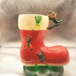 Vintage Santa Boot Midcentury With Rubber Pixie On Side, Climbing Elves Collectible Christmas Decor by Rosbro Plastics 1960&#39;s Climbing Elf
