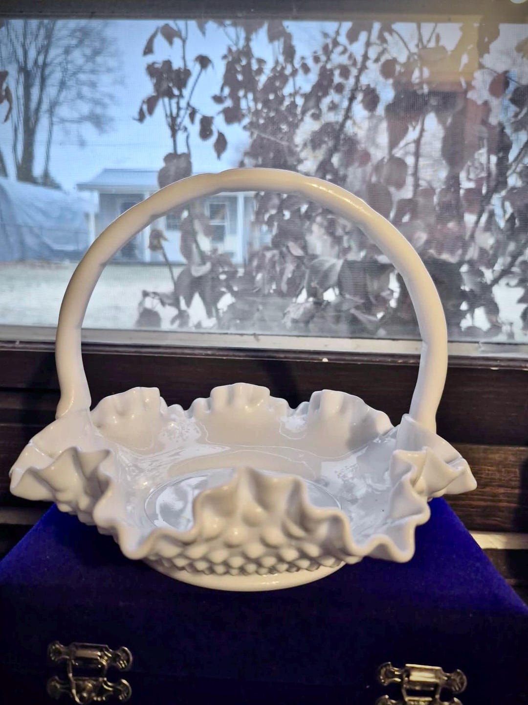 Fenton Glass Hobnail Milkglass Basket W/ Handle & Ruffled Edge MCM