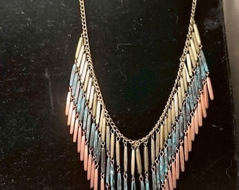 Vintage Retro Bib Necklace - Native American with Style with Long Copper, Brass, Turquoise Beads
