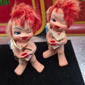 RARE Enesco Cupid Pixie Figurine with Red Fuzzy Hair Set Of 2 - MCM Kitschy Redhead Cherub Doll