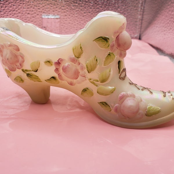 Rare Fenton Glass Shoe 95th Anniversary Hand-painted Cabbage Pink Rose Victorian Mother of Pearl Heel, Signed by Bill Fenton & W. Hart