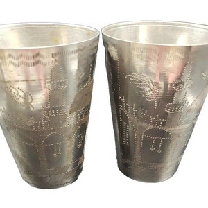 Vintage tinned copper Cups Pair with Islamic Design Mosque & Floral Motif (Persian)