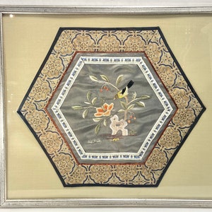Sale! Antique Asian Silk Art Embroidery w Oriental Decor of Stitched Yellow Bird & Flowers FRAMED