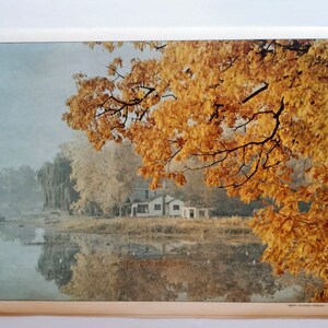 Impresión litográfica vintage coleccionable - Escena del río Fall del sur de Michigan laminada, ideal para colocar o póster coleccionable, pintura campestre otoñal