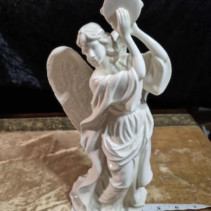 Vintage White Porcelain Angel Statue - 9” Tall Elegant Decoration or Perfect Housewarming Gift of Guardian Angel Standing Playing Tambourine