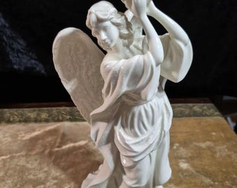 Vintage White Porcelain Angel Statue - 9” Tall Elegant Decoration or Perfect Housewarming Gift of Guardian Angel Standing Playing Tambourine