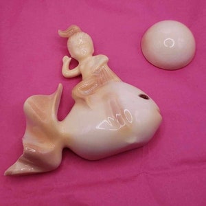 Vintage RARE Mermaid Riding Fish with Bubble Wall Plaque Set - Original Arnel&#39;s Pieces in Classic Gloss with Tan & Beige Color