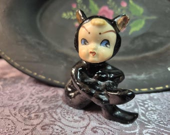 RARE Cat Pixie in Black Suit Figurine - MCM Kewpie Elf Miniature Sitting with Large Ears & Blue Eyes 1950s Japan