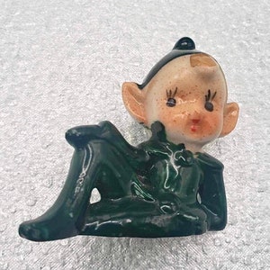 Adorable Pixie Miniature Elf in Green Suit with Red Hair & Freckles - 1950s midcentury Vintage Figurine