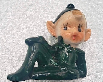 Adorable Pixie Miniature Elf in Green Suit with Red Hair & Freckles - 1950s midcentury Vintage Figurine
