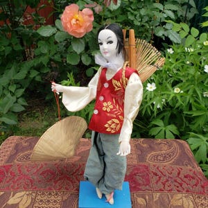 Korean Fishermen 14&quot; TALL Display Doll 1940s Traditional With Fishing Baskets in Oriental Wear Vintage & Collectible