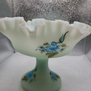 Fenton Satin Blue Vintage Glass Compote w/ Hand-Painted Blue Rosebuds by Laura Long - Gorgeous Milky Glass Dish with Double Crimped Ridge