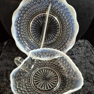 Moonstone Hobnail Glass Serving Pieces Gravy Boat & Divided Dish - Opalescent White Dishes by Anchor Hocking