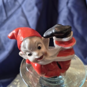 Mischievous Pixie with long white beard, Rare Vintage Figurine Elf in Red Suit