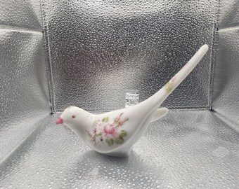 Fenton Bird Of Happiness in elegant Milk Glass White with Hand-Painted Pink Rose Country Floral decor SIGNED Sue Foster.