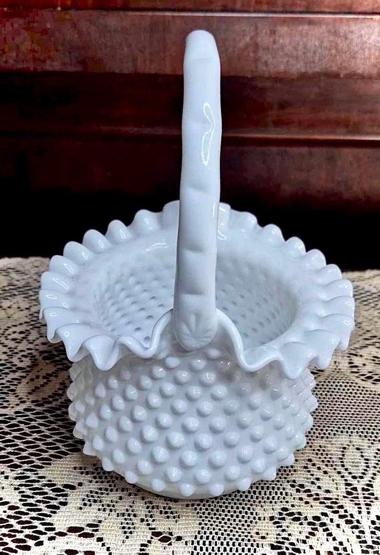 Vintage Fenton Milk Glass Hobnail Basket - White Ruffled Edge Decorative Bowl with Handle HARD to FIND! 10”