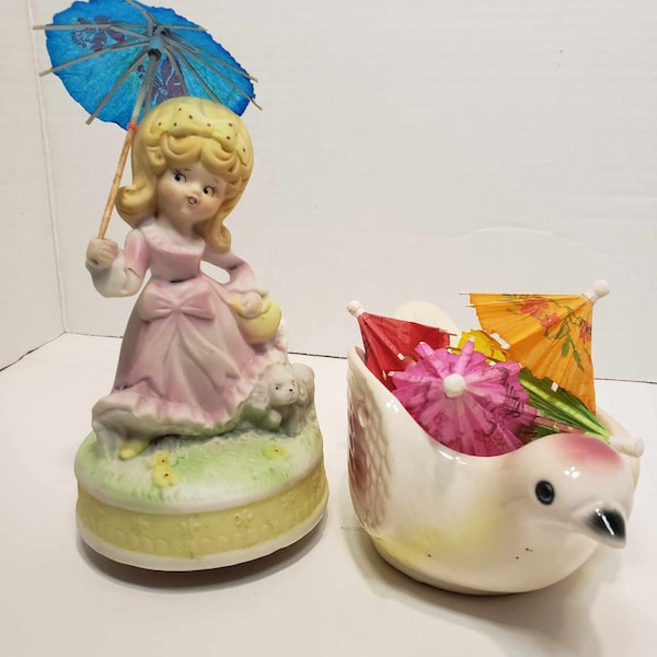 Raindrops Keep Falling on my Head Adorable Music Box with Blonde Girl & Dog incl. Dove Wall Pocket hold Cocktail Umbrella - Cute Girl Gift!