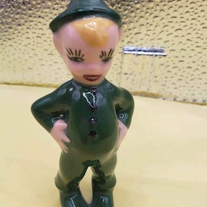 Vintage Cute Pixie Elf Figurine Retro Minature - 1950s Midcentury -  Belly Stance in Green Suit with Blonde Hair