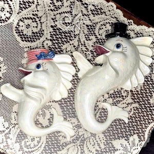 Vintage RARE Dancing Fish Chalkware Wall Plaque Set - Pearl White Iridescent Lusterware Fishes in Cute Hats