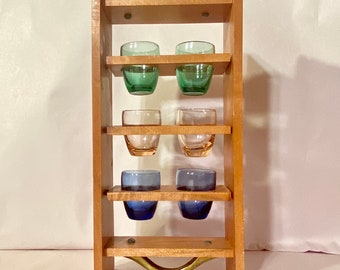 Vintage 1930s Colored Shot Glass Set -6 Retro Shotglasses with Hanging Wood Caddy Rack - Antique Bar Room Decor Gift