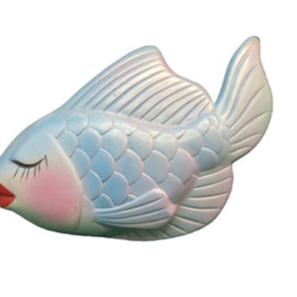 Large Vintage Chalkware Fish Plaque 1960's,  9x6 Super Cute Ready To Hang in Iridescent Blue & Pink Pastels 9x6"