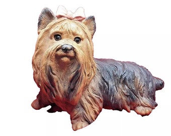 CUTIE! Yorkshire Terrier Yorkie Statue - Vintage Homco 8” Lifelike & Realistic Dog Figurine with Pink Bow