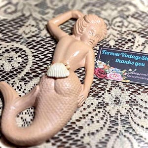 Vintage Mermaid Wall Plaque adorned with Real Shells & Pearl Bead Collectible Retro Mermaid Art Decor