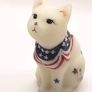 Fenton Special Edition White Cameo Satin Glass Cat with Limited Edition 4th of July Patriotic Design Hand-Painted by V Cline