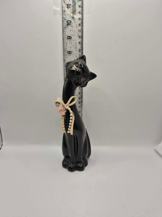 Vintage BLACK CATS Pottery 2 Kitschy Long Neck MCM Cat & Kitten