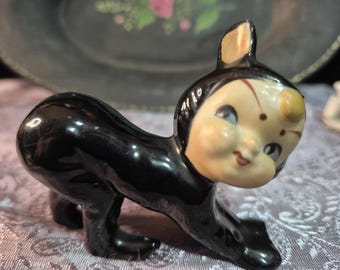 RARE Kewpie Black Cat Pixie Figurine - MCM Elf Miniature with Large Ears & Blue Eyes 1950s Japan