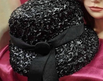 Vintage Cloche Hats - Shiny Black Weaved Raffia Style Bucket Cloche Hat