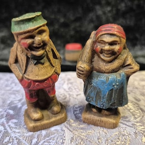 Vintage Folk Art Syroco Figure Set Old Man & Wife Couple with Barrel 1940s Rare Woman with Rolling pin