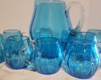 Vintage Blue Pitcher Set 8x10 8 Tub Mugs 3.5x5.5 Hand Blown With Clear Handles (Imperfect)
