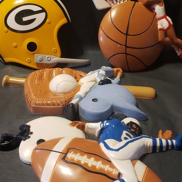 Vintage Burwood Sports Wall Hanging Decor Set of 3 includes Football, Baseball, Basketball Made In USA *plus one Packer Helmet NFL