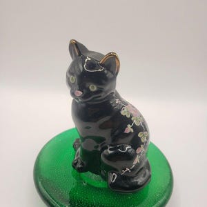 Vintage Fenton Glass Black Cat! Hand-painted with Pink Flowers & Green Eyes by S. Hart 1970s