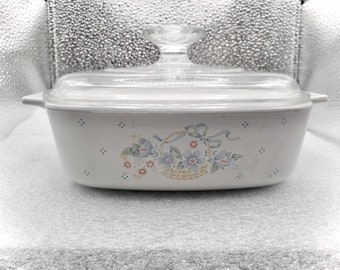 UNIQUE Corning Ware Casserole Dish in Country Blue Cornflower Design w Blue Ribbons 2L with Pyrex Lid A-2-B Vintage Country-living Cookware