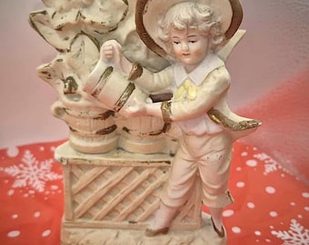 Antique Victorian Bisque Porcelain Vase or Planter With Boy Figurine OLD & RARE