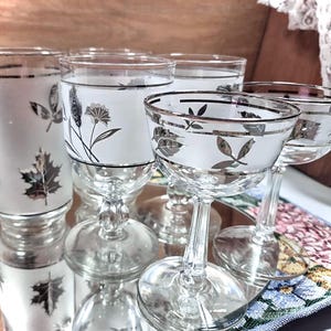 Op de afbeelding: Een set vintage glaswerk met matwitte oppervlakken met zilveren bloemen- en bladerontwerpen. De collectie omvat hoge bekers en champagnecoupeglazen met steel, allemaal met zilveren randen. De glazen zijn gerangschikt op een reflecterend oppervlak.
