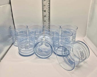 RARO set di bicchieri Libbey da 8 bicchieri per succhi/lowball/rocks, in vetro blu con fiori MCM