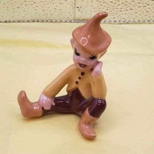 Vintage Pixie Elf Figurine Miniature - 1950s Midcentury - Sitting with Brown Outfit, Cute Expression