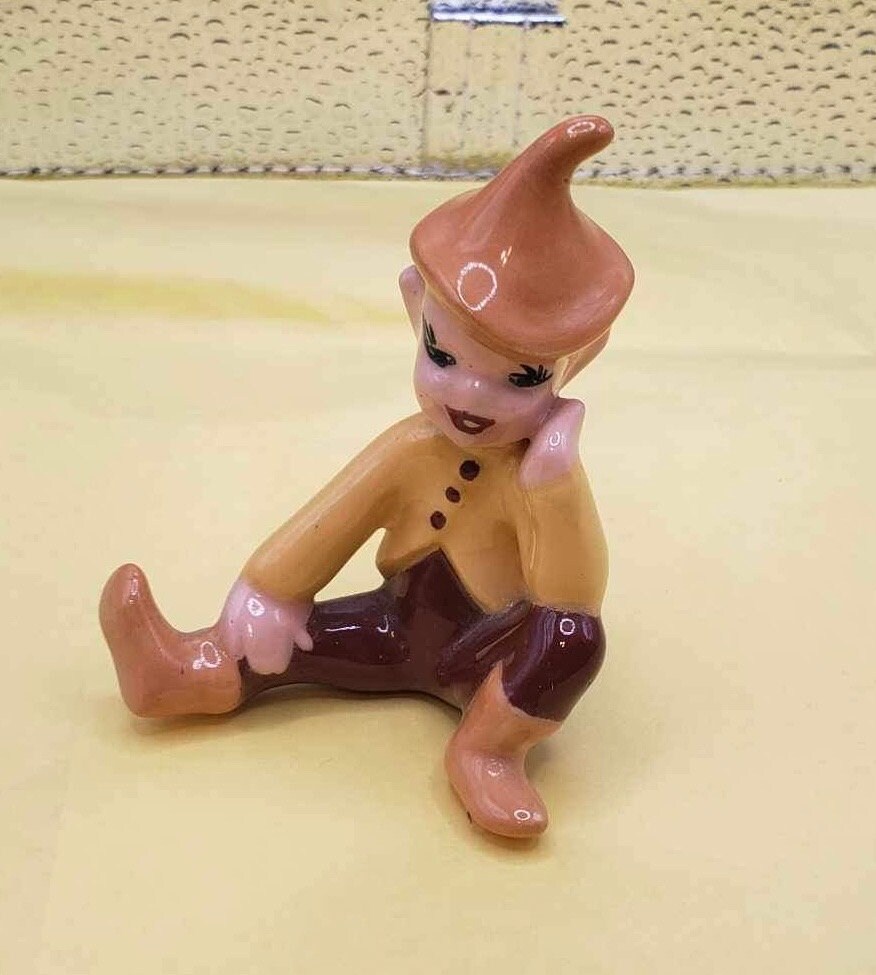 Vintage Pixie Elf Figurine Miniature - 1950s Midcentury - Sitting with Brown Outfit, Cute Expression