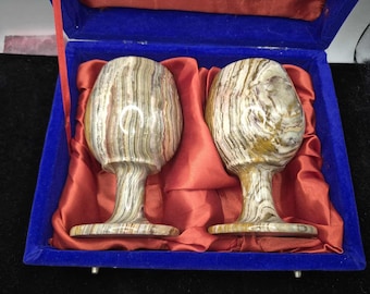 Unique Wine Glasses in Gift box Case Vintage Onyx Marble Fossil Spiral Goblets