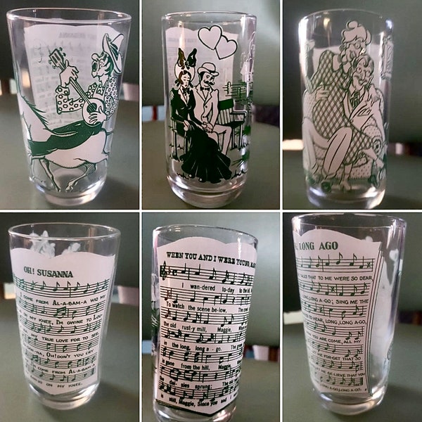 1950s Vintage Hazel Atlas Song Glasses Collectible Green Retro Glassware ‘Long, Long Ago’ ‘Oh! Susanna’ ‘When you and I were Young, Maggie’