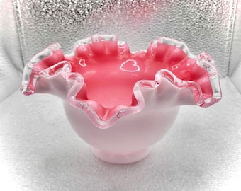 Fenton Glass Peach Crest Vase - Deep Ruffled Lip Pink & Milk Glass Bud vase 4x6.5